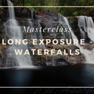 Photo is of a waterfall with text stating Masterclass - Long Exposure - waterfalls
